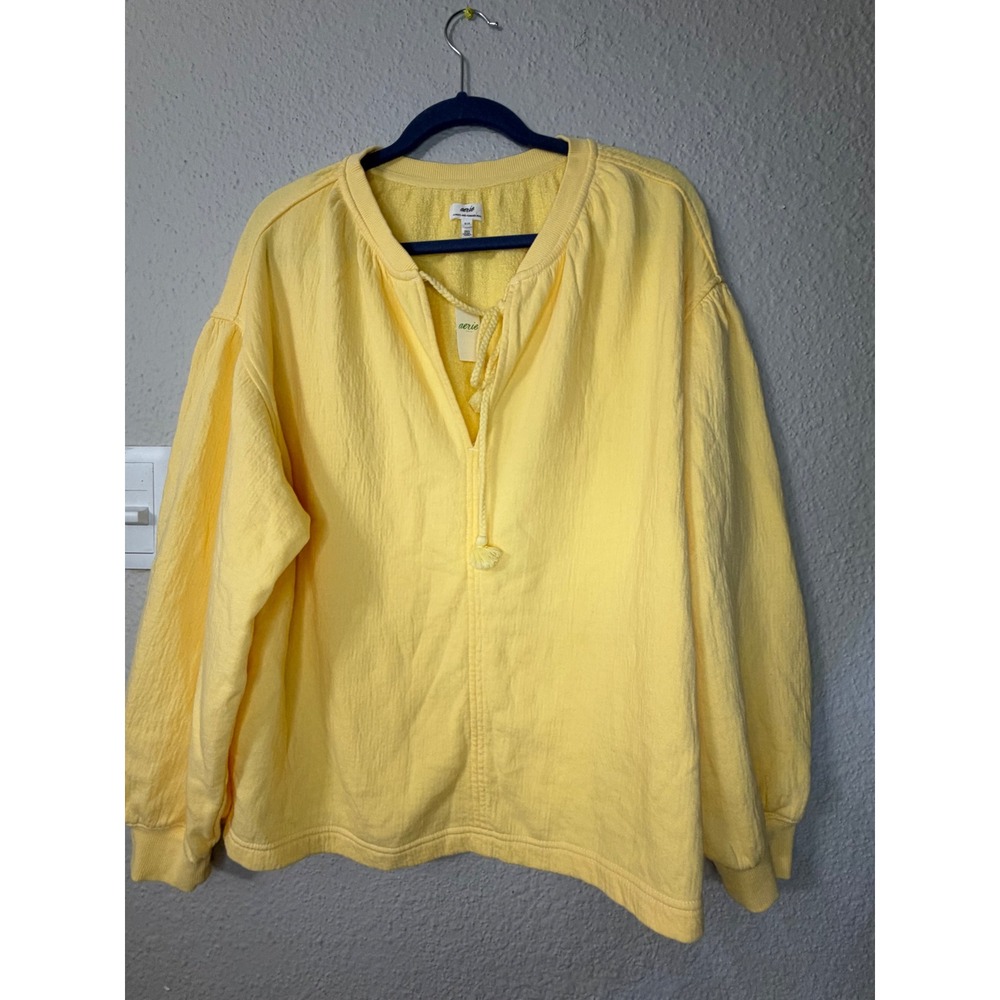 Aerie Real Good Yellow Crinkle French Terry Tassel Split Neck Sweatshirt Small